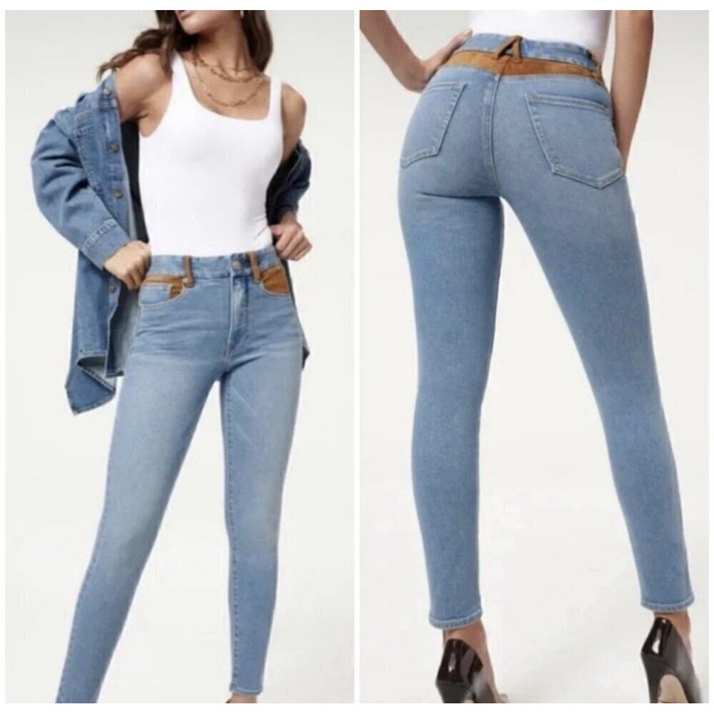 Good American Suede Mix Blue Jeans Size 30 Good Legs Stretch High Rise Skinny